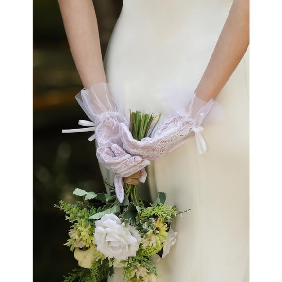 Women's Black Mesh Pearls Bow Short Lace Gloves Elegant Tea Party Party Tulle - Picture 4 of 5